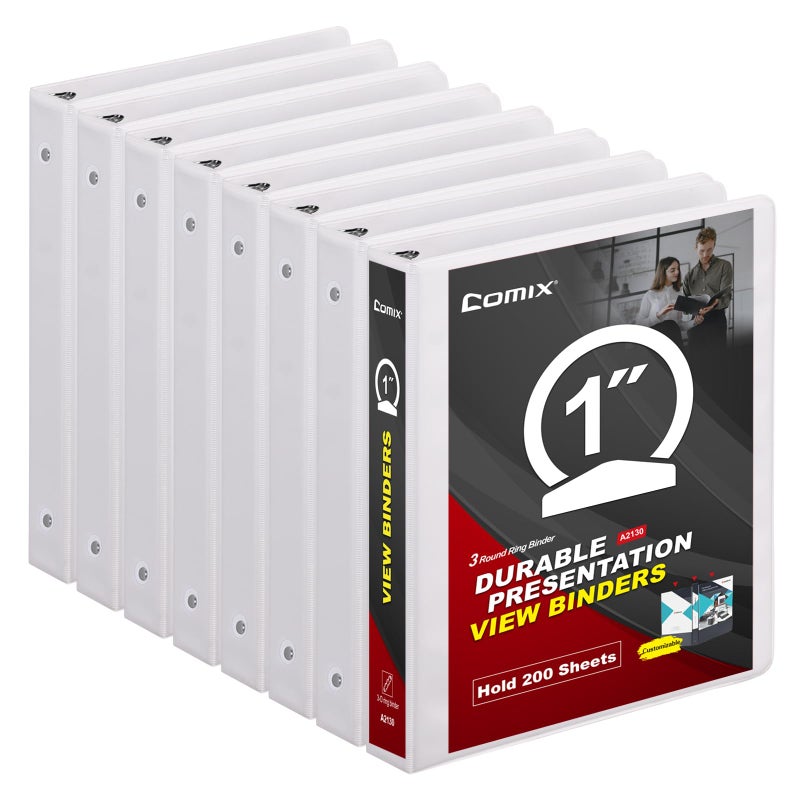 COMIX Sturdy 3 Ring Binder 1 inch with Clear View Cover, 1" Round Ring View Binder, PVC-Free, 2.4mm-Thick, 200 Sheets Capacity of US Letter Size Paper, Office ï¼† School Supplies, 8 Pack (White) - Image 1